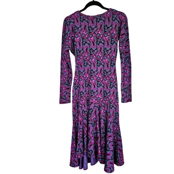 Vintage '70s Long Sleeve Purple Paisley Crew Neck Drop Waist Knit Midi Dress 4 - Picture 1 of 9